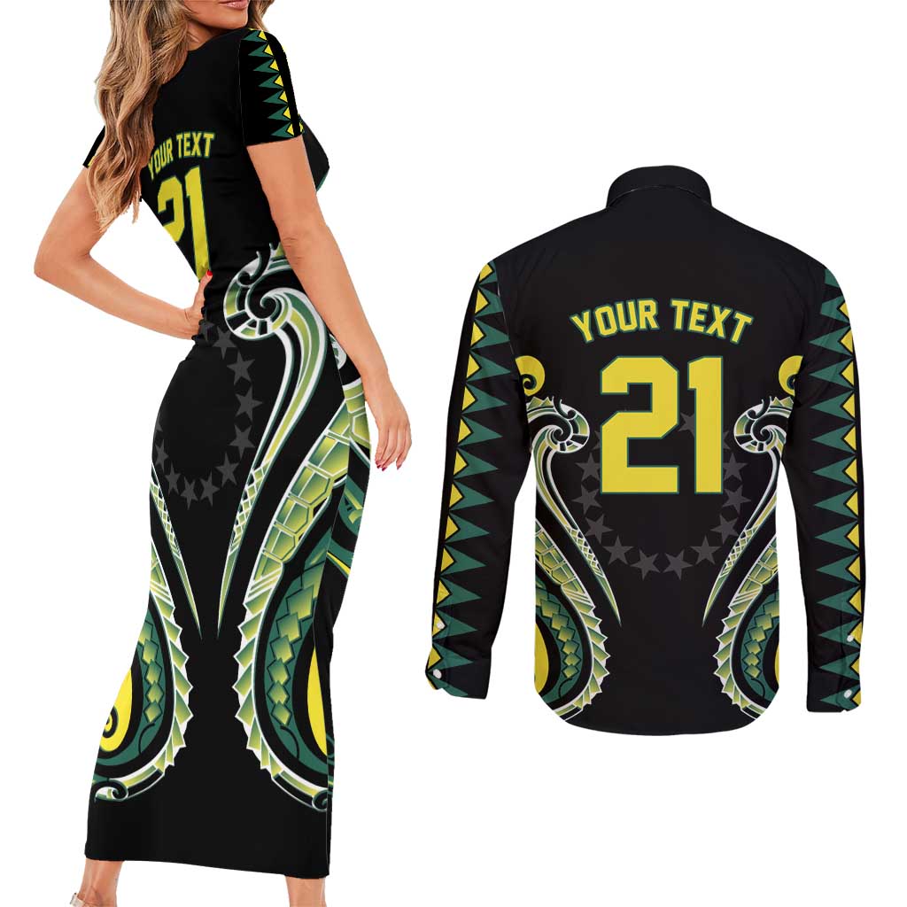 Custom Rugby Cook Islands Avaiki Couples Matching Short Sleeve Bodycon Dress and Long Sleeve Button Shirt Black Kuki Airani Tribal Maori Inspired - Polynesian Pride