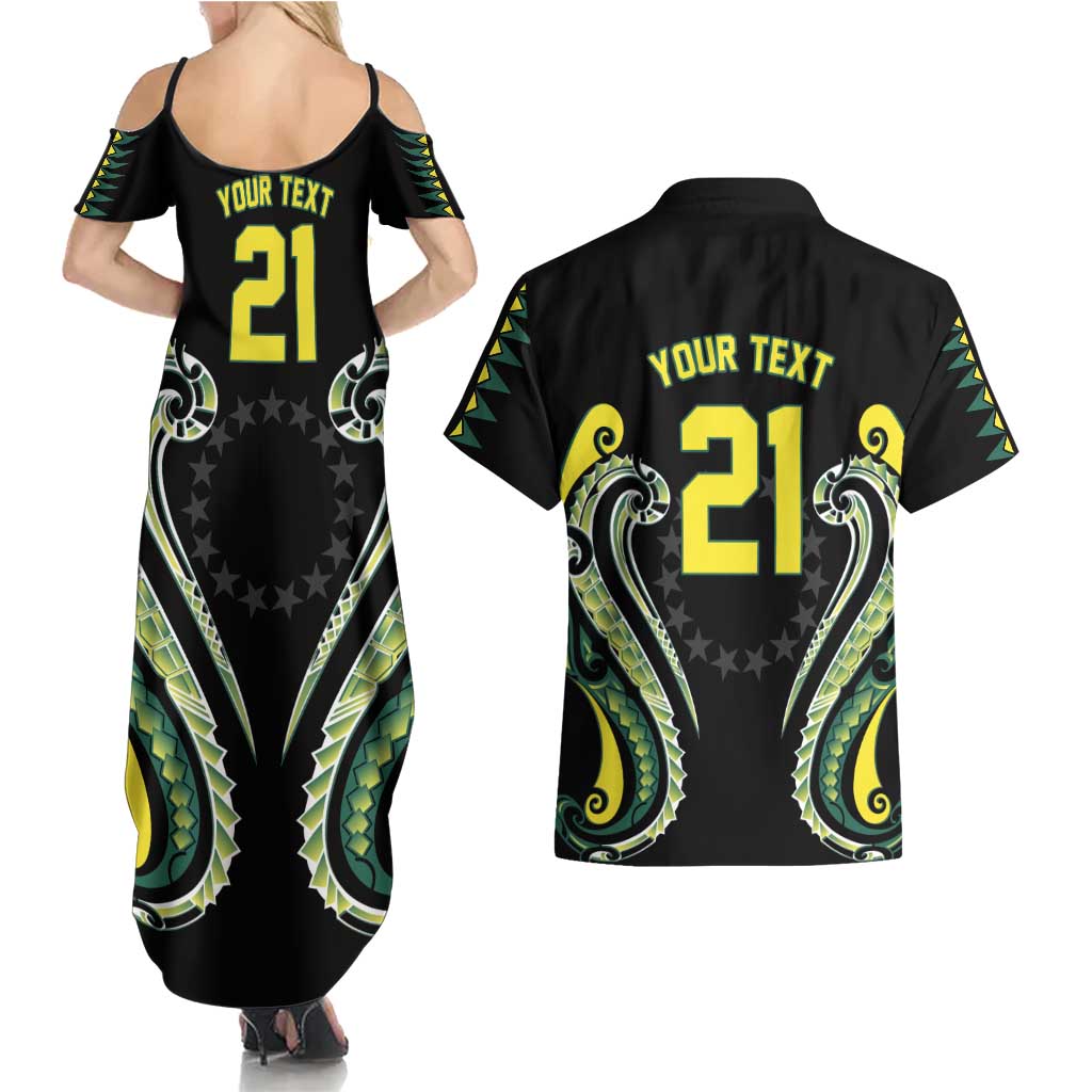 Custom Rugby Cook Islands Avaiki Couples Matching Summer Maxi Dress and Hawaiian Shirt Black Kuki Airani Tribal Maori Inspired - Polynesian Pride