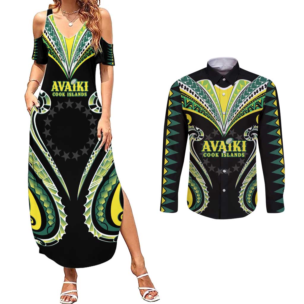 Custom Rugby Cook Islands Avaiki Couples Matching Summer Maxi Dress and Long Sleeve Button Shirt Black Kuki Airani Tribal Maori Inspired - Polynesian Pride