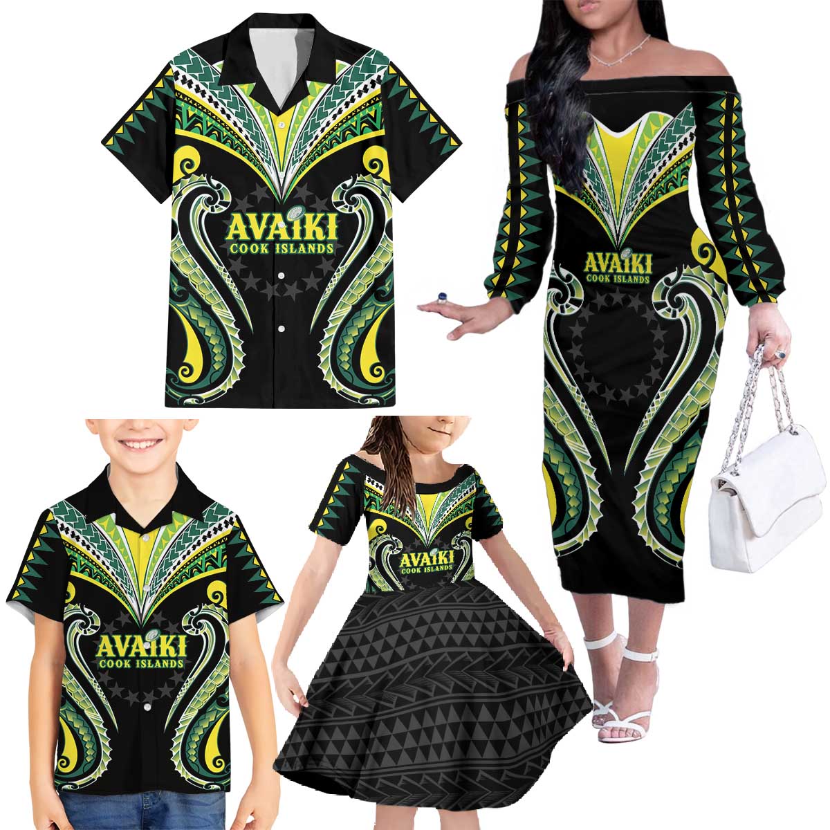 Custom Rugby Cook Islands Avaiki Family Matching Off The Shoulder Long Sleeve Dress and Hawaiian Shirt Black Kuki Airani Tribal Maori Inspired - Polynesian Pride