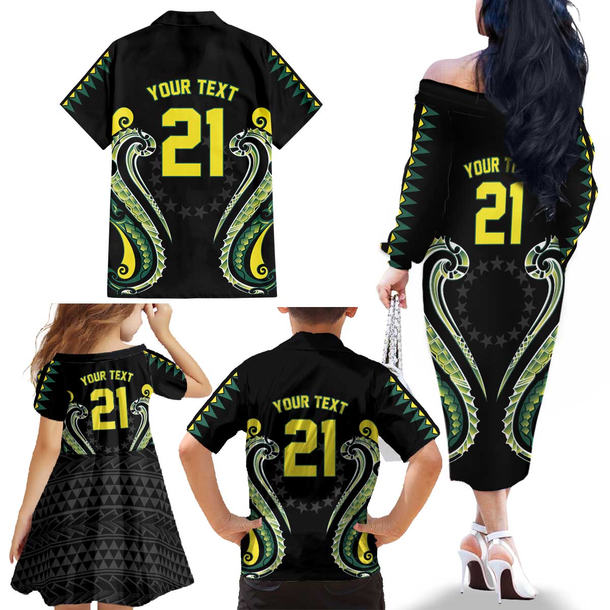 Custom Rugby Cook Islands Avaiki Family Matching Off The Shoulder Long Sleeve Dress and Hawaiian Shirt Black Kuki Airani Tribal Maori Inspired - Polynesian Pride