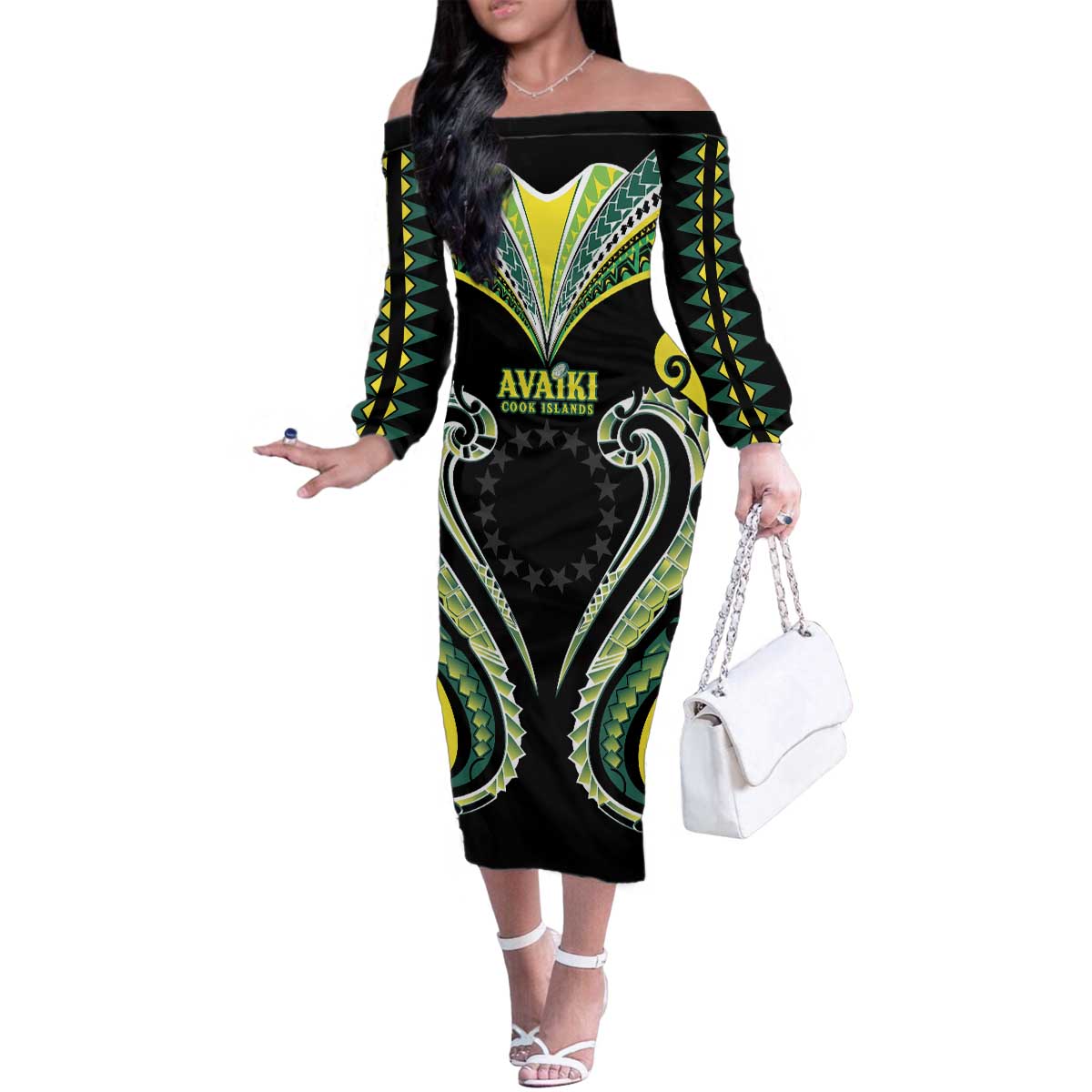 Custom Rugby Cook Islands Avaiki Family Matching Off The Shoulder Long Sleeve Dress and Hawaiian Shirt Black Kuki Airani Tribal Maori Inspired - Polynesian Pride