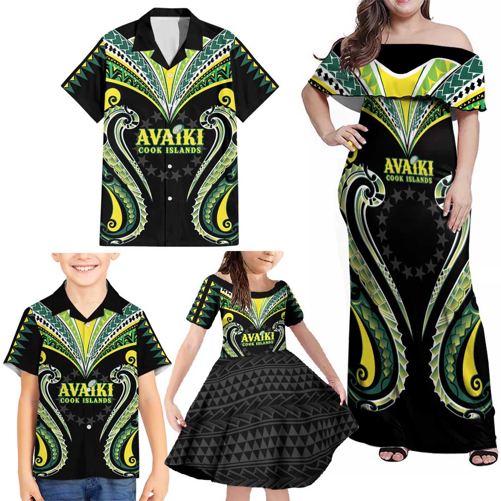 Custom Rugby Cook Islands Avaiki Family Matching Off Shoulder Maxi Dress and Hawaiian Shirt Black Kuki Airani Tribal Maori Inspired - Polynesian Pride