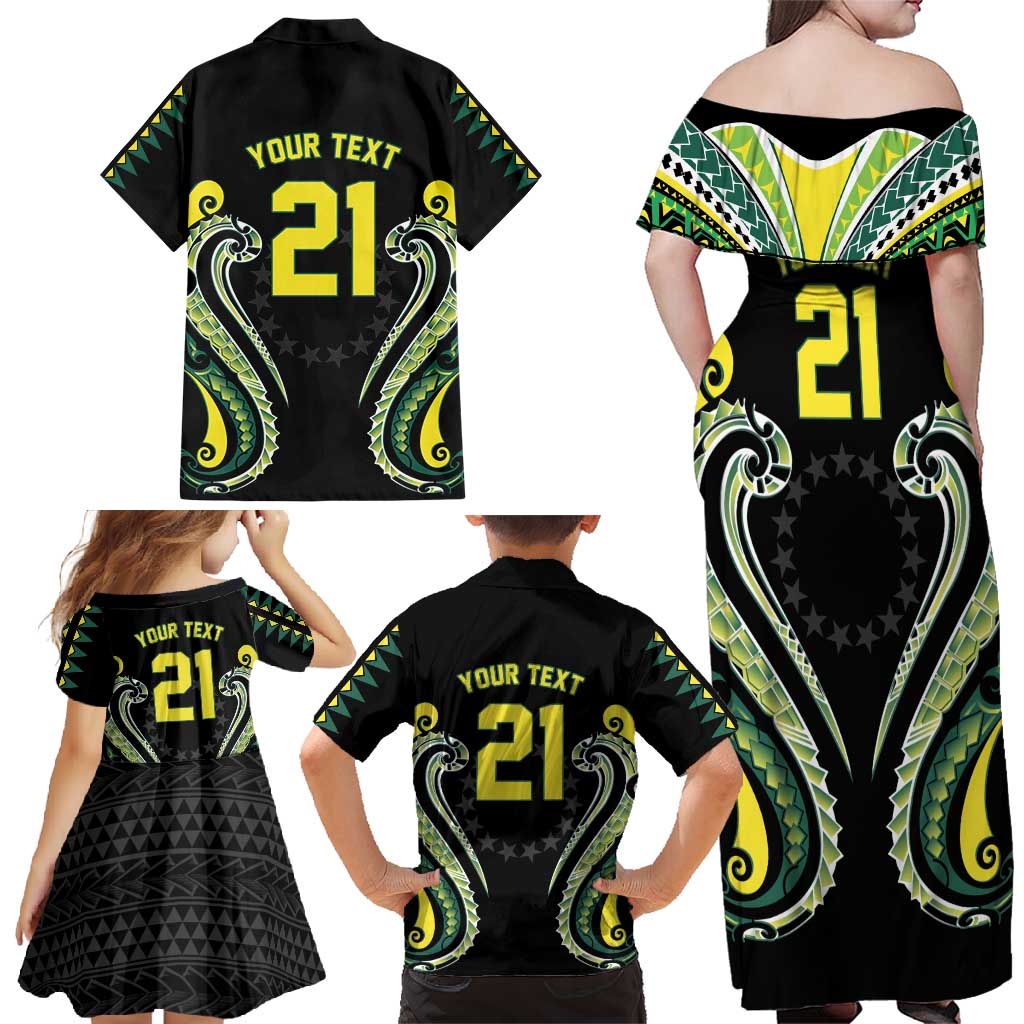 Custom Rugby Cook Islands Avaiki Family Matching Off Shoulder Maxi Dress and Hawaiian Shirt Black Kuki Airani Tribal Maori Inspired - Polynesian Pride