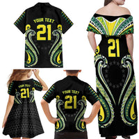 Custom Rugby Cook Islands Avaiki Family Matching Off Shoulder Maxi Dress and Hawaiian Shirt Black Kuki Airani Tribal Maori Inspired - Polynesian Pride