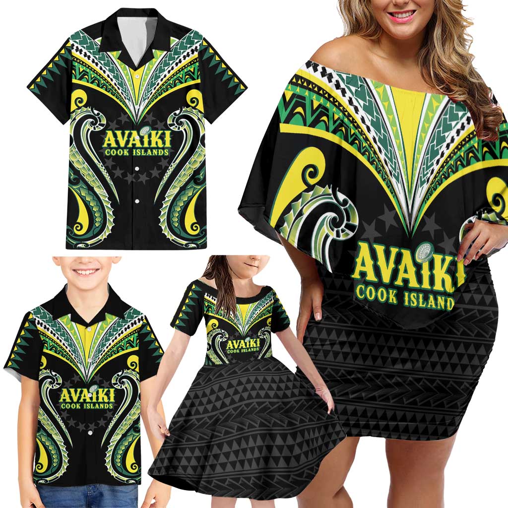 Custom Rugby Cook Islands Avaiki Family Matching Off Shoulder Short Dress and Hawaiian Shirt Black Kuki Airani Tribal Maori Inspired - Polynesian Pride