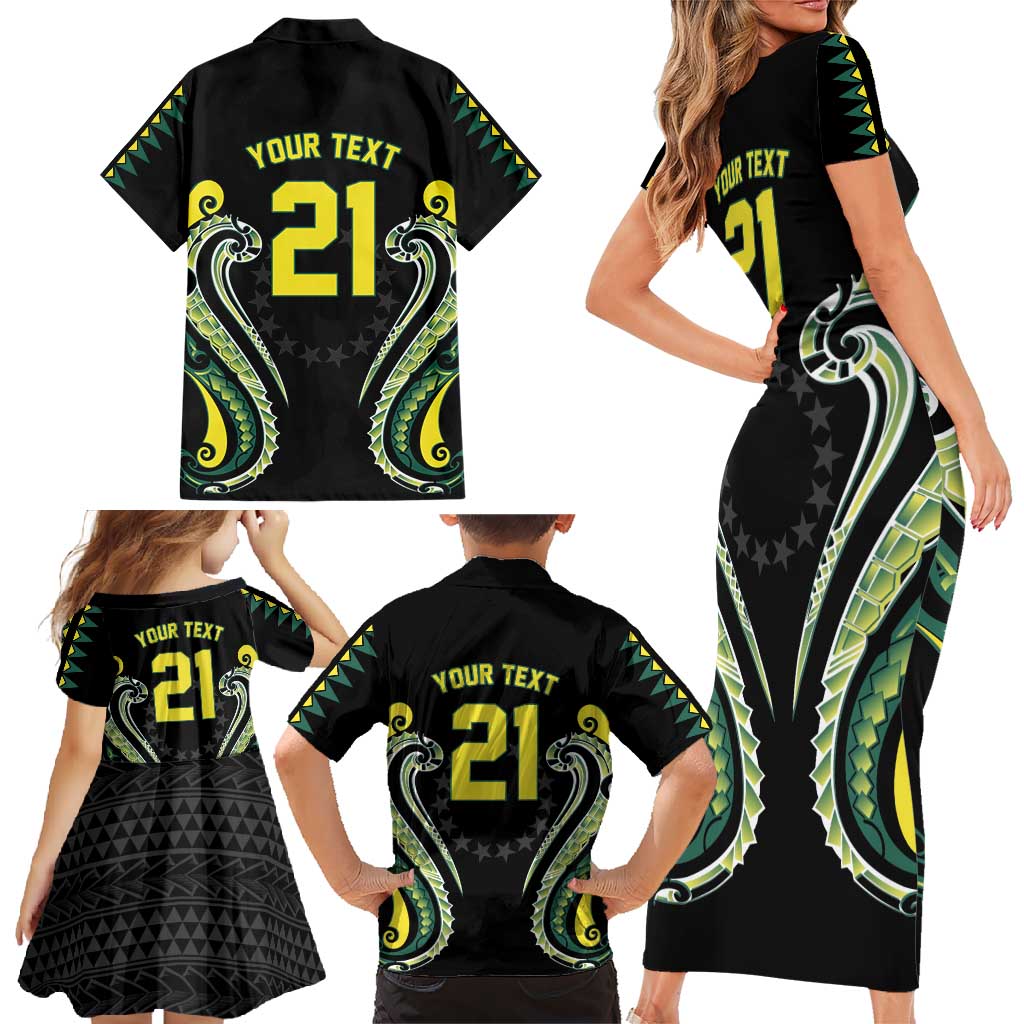 Custom Rugby Cook Islands Avaiki Family Matching Short Sleeve Bodycon Dress and Hawaiian Shirt Black Kuki Airani Tribal Maori Inspired - Polynesian Pride