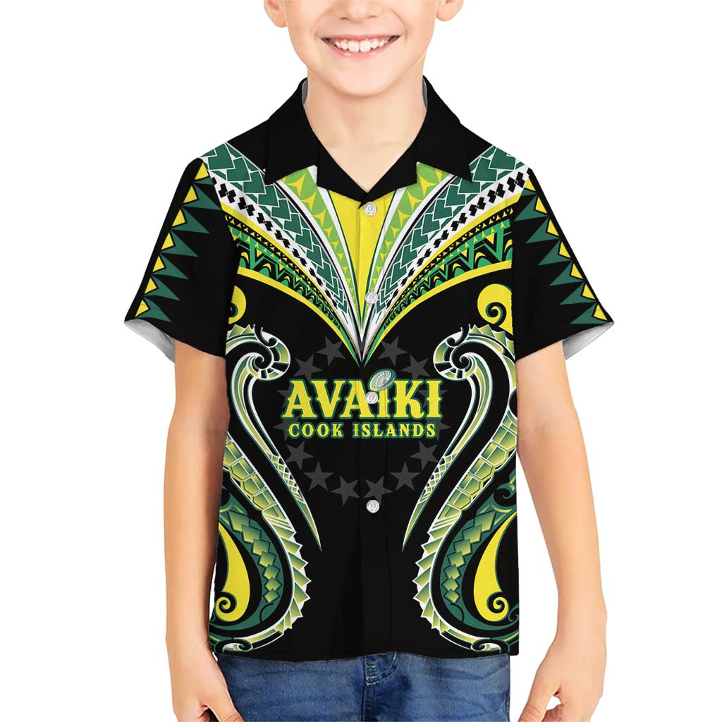 Custom Rugby Cook Islands Avaiki Kid Hawaiian Shirt Black Kuki Airani Tribal Maori Inspired - Polynesian Pride