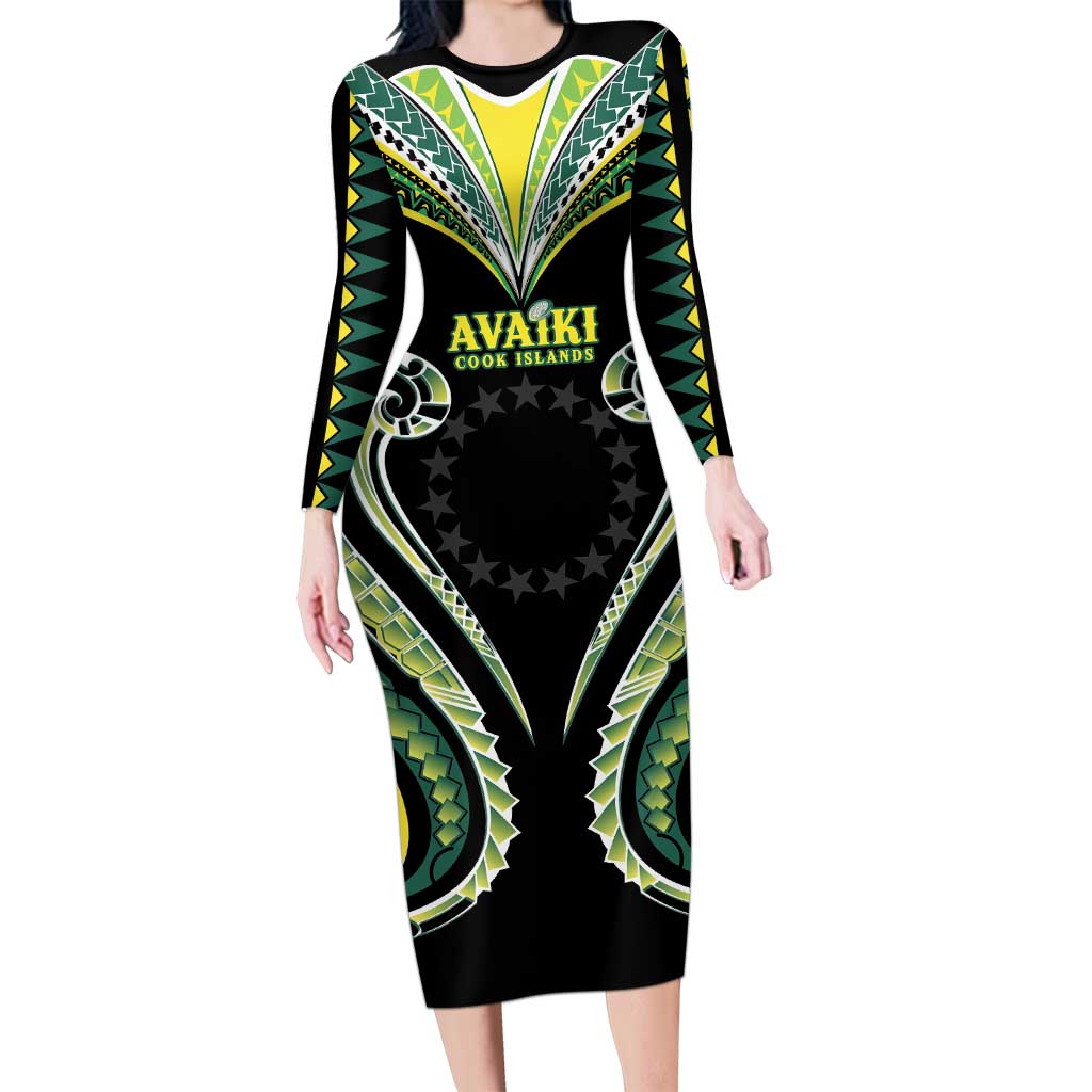 Custom Rugby Cook Islands Avaiki Long Sleeve Bodycon Dress Black Kuki Airani Tribal Maori Inspired - Polynesian Pride