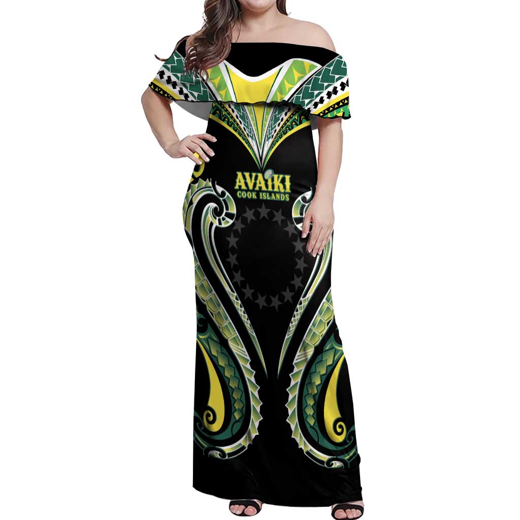 Custom Rugby Cook Islands Avaiki Off Shoulder Maxi Dress Black Kuki Airani Tribal Maori Inspired - Polynesian Pride