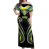 Custom Rugby Cook Islands Avaiki Off Shoulder Maxi Dress Black Kuki Airani Tribal Maori Inspired - Polynesian Pride