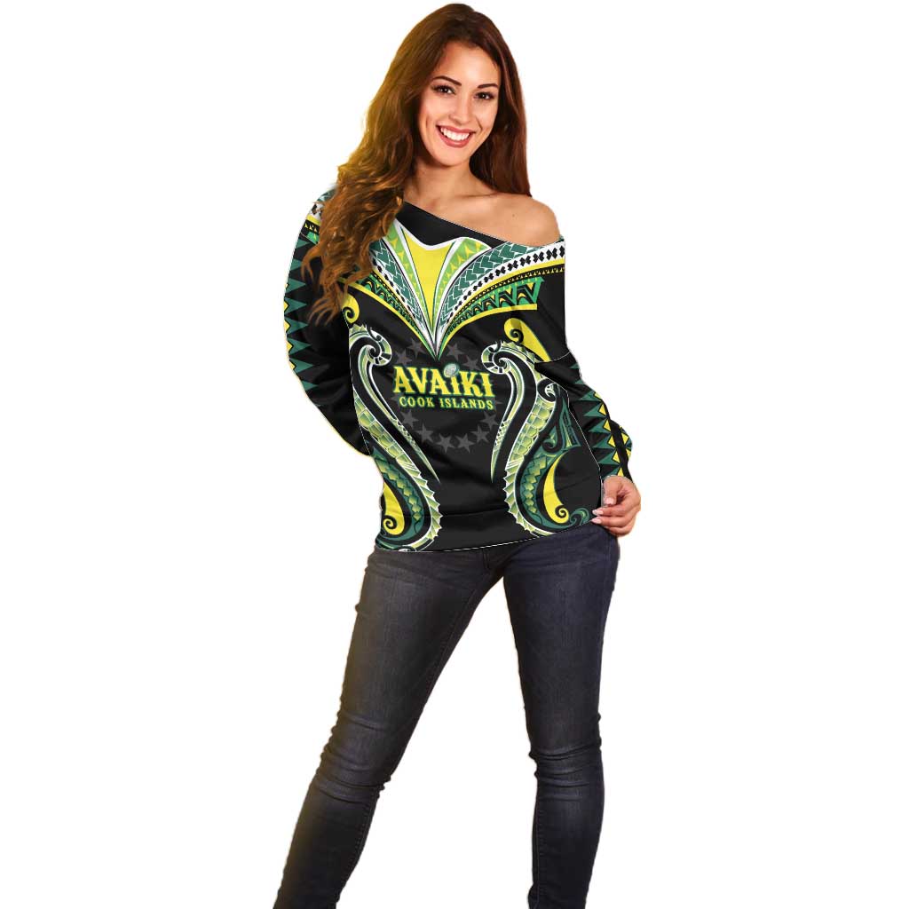 Custom Rugby Cook Islands Avaiki Off Shoulder Sweater Black Kuki Airani Tribal Maori Inspired - Polynesian Pride