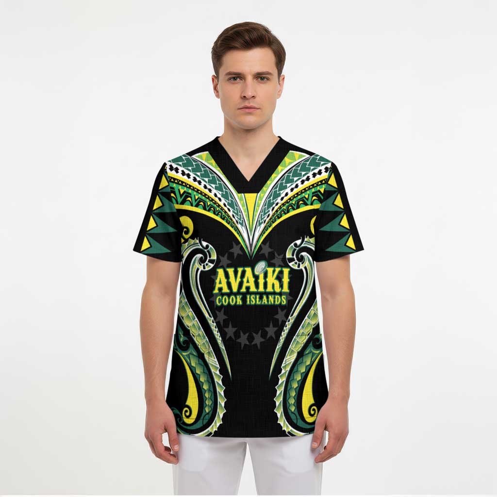 Custom Rugby Cook Islands Avaiki Scrub Top Black Kuki Airani Tribal Maori Inspired - Polynesian Pride
