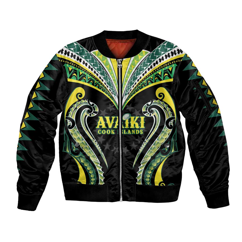 Custom Rugby Cook Islands Avaiki Sleeve Zip Bomber Jacket Black Kuki Airani Tribal Maori Inspired - Polynesian Pride