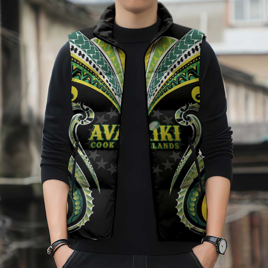 Custom Rugby Cook Islands Avaiki Sleeveless Puffer Jacket Black Kuki Airani Tribal Maori Inspired - Polynesian Pride