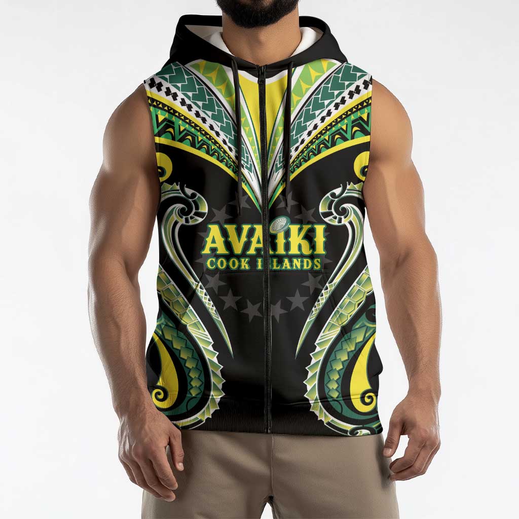 Custom Rugby Cook Islands Avaiki Sleeveless Zip Hoodie Black Kuki Airani Tribal Maori Inspired - Polynesian Pride