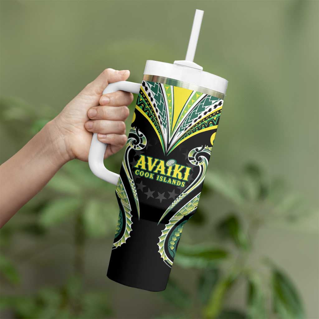 Custom Rugby Cook Islands Avaiki Tumbler With Handle Black Kuki Airani Tribal Maori Inspired - Polynesian Pride