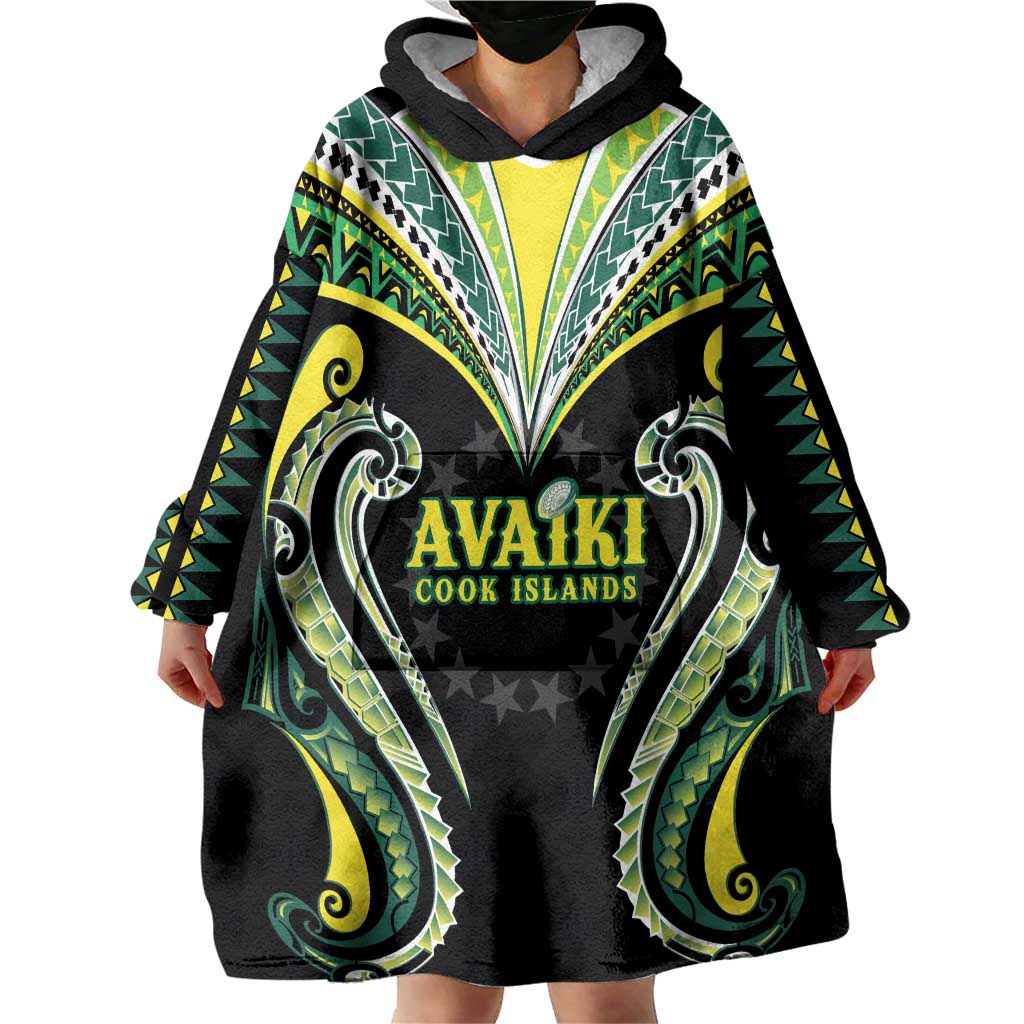 Custom Rugby Cook Islands Avaiki Wearable Blanket Hoodie Black Kuki Airani Tribal Maori Inspired - Polynesian Pride