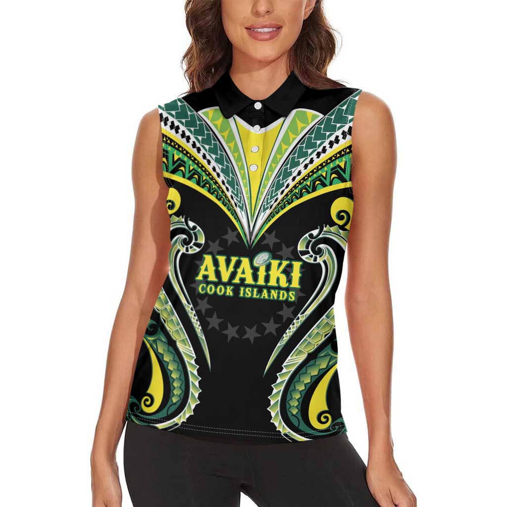 Custom Rugby Cook Islands Avaiki Women Sleeveless Polo Shirt Black Kuki Airani Tribal Maori Inspired - Polynesian Pride