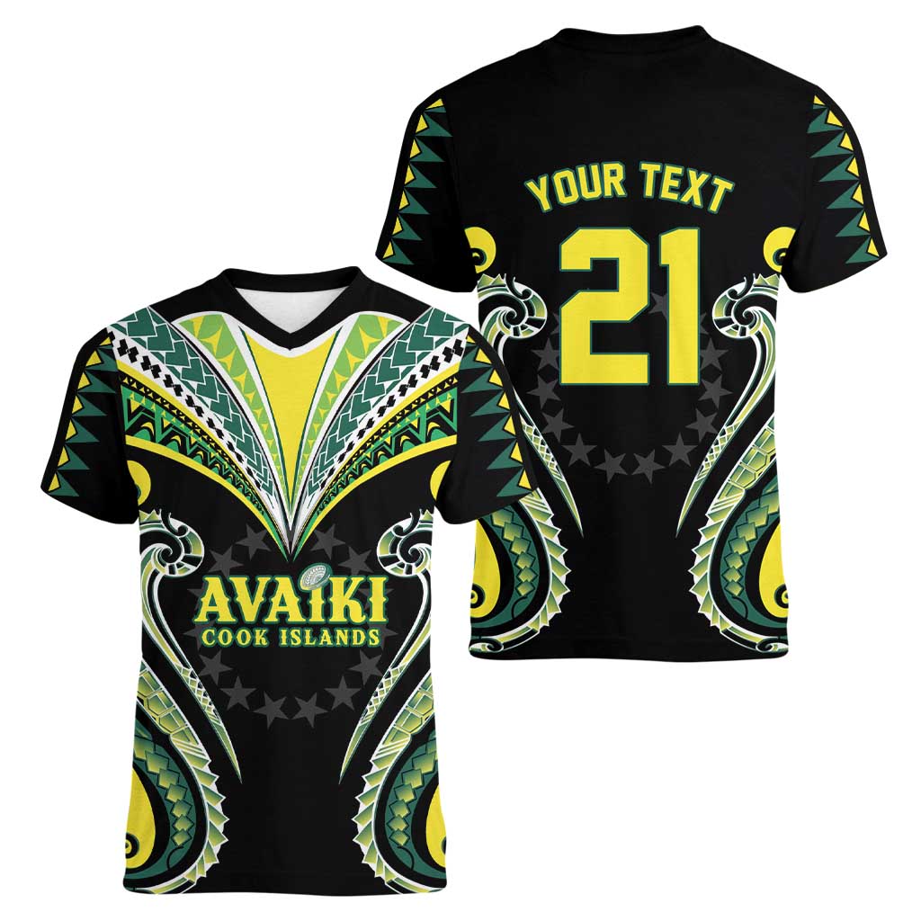 Custom Rugby Cook Islands Avaiki Women V-Neck T-Shirt Black Kuki Airani Tribal Maori Inspired - Polynesian Pride