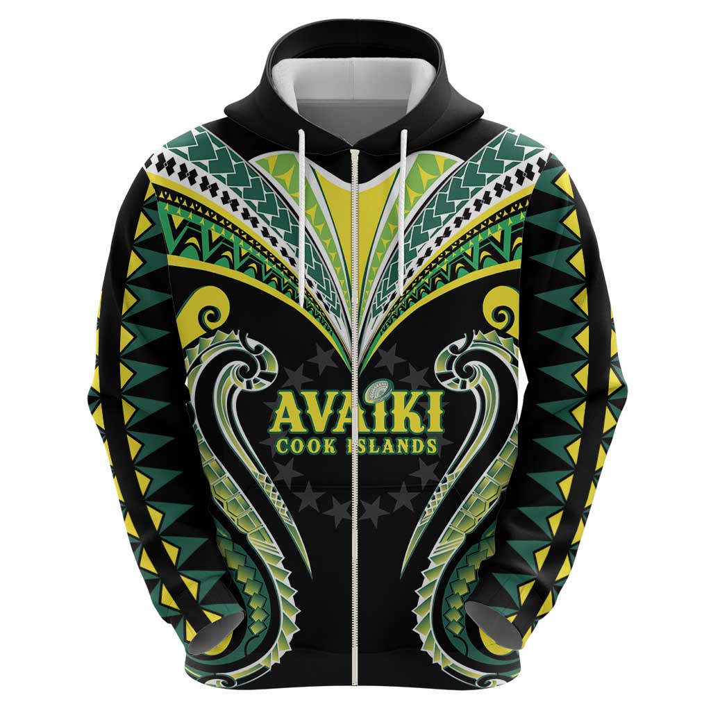 Custom Rugby Cook Islands Avaiki Zip Hoodie Black Kuki Airani Tribal Maori Inspired - Polynesian Pride