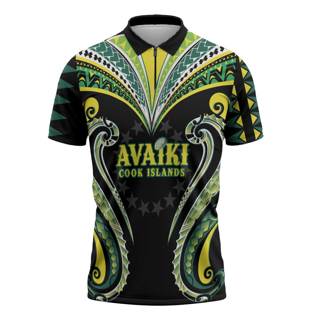 Custom Rugby Cook Islands Avaiki Zipper Polo Shirt Black Kuki Airani Tribal Maori Inspired - Polynesian Pride