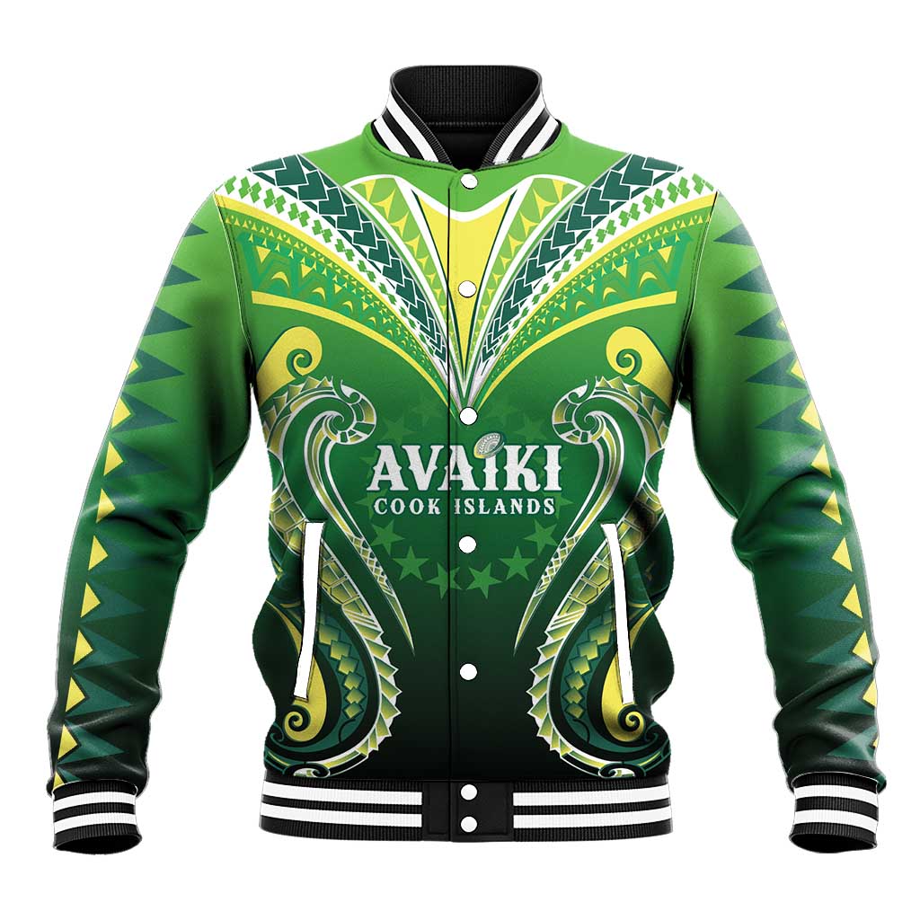 Custom Rugby Cook Islands Avaiki Baseball Jacket Green Kuki Airani Tribal Maori Inspired - Polynesian Pride