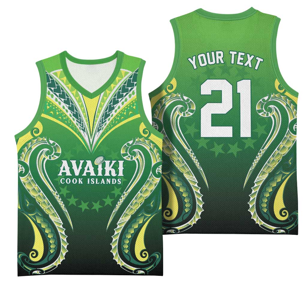 Custom Rugby Cook Islands Avaiki Basketball Jersey Green Kuki Airani Tribal Maori Inspired - Polynesian Pride