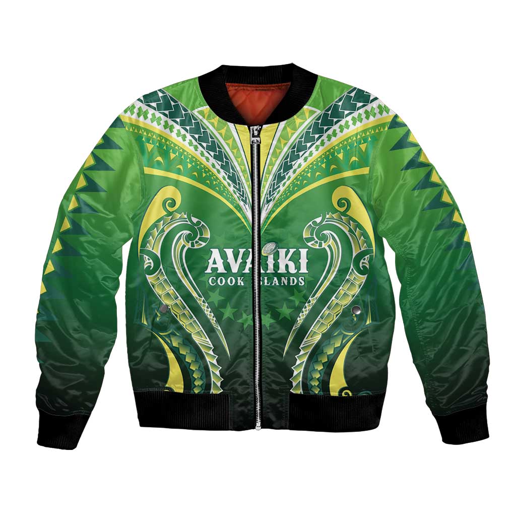 Custom Rugby Cook Islands Avaiki Bomber Jacket Green Kuki Airani Tribal Maori Inspired - Polynesian Pride