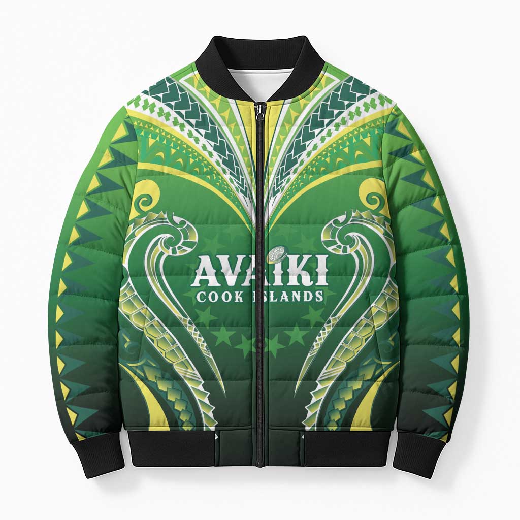 Custom Rugby Cook Islands Avaiki Bomber Puffer Jacket Green Kuki Airani Tribal Maori Inspired - Polynesian Pride