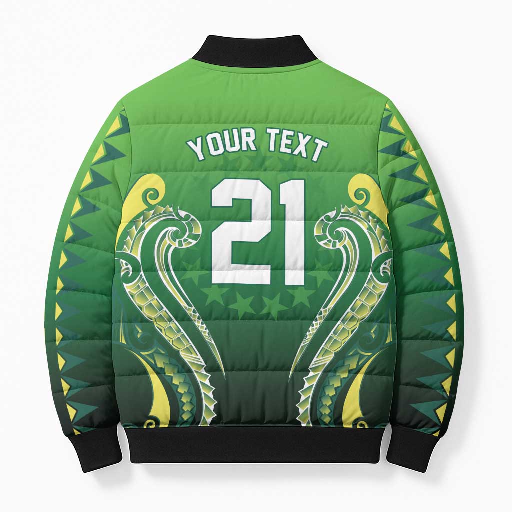 Custom Rugby Cook Islands Avaiki Bomber Puffer Jacket Green Kuki Airani Tribal Maori Inspired - Polynesian Pride