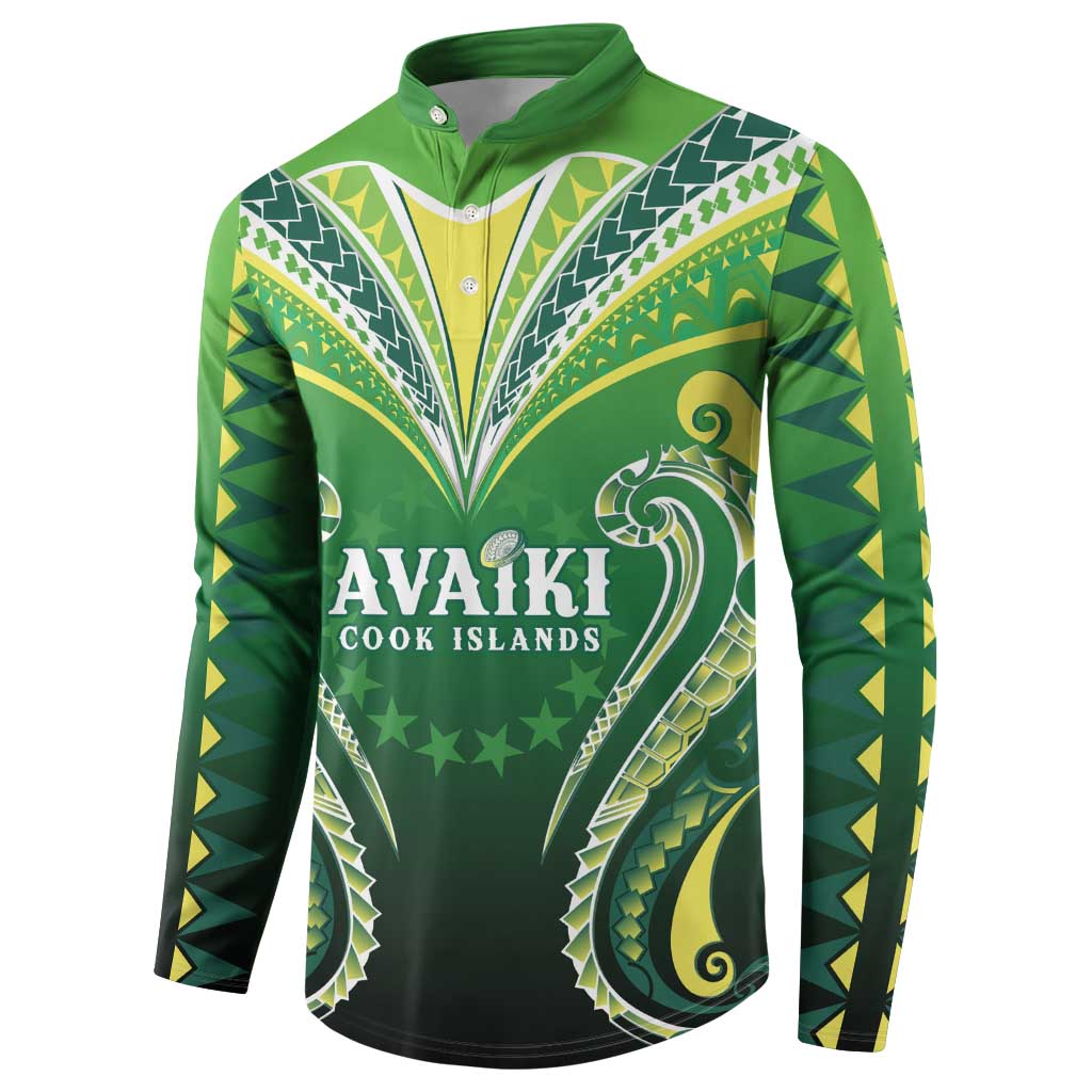 Custom Rugby Cook Islands Avaiki Button Sweatshirt Green Kuki Airani Tribal Maori Inspired - Polynesian Pride