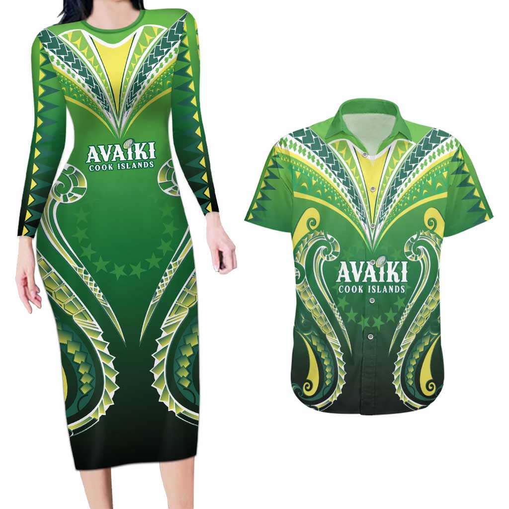 Custom Rugby Cook Islands Avaiki Couples Matching Long Sleeve Bodycon Dress and Hawaiian Shirt Green Kuki Airani Tribal Maori Inspired - Polynesian Pride