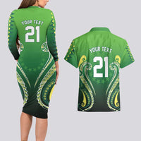 Custom Rugby Cook Islands Avaiki Couples Matching Long Sleeve Bodycon Dress and Hawaiian Shirt Green Kuki Airani Tribal Maori Inspired - Polynesian Pride