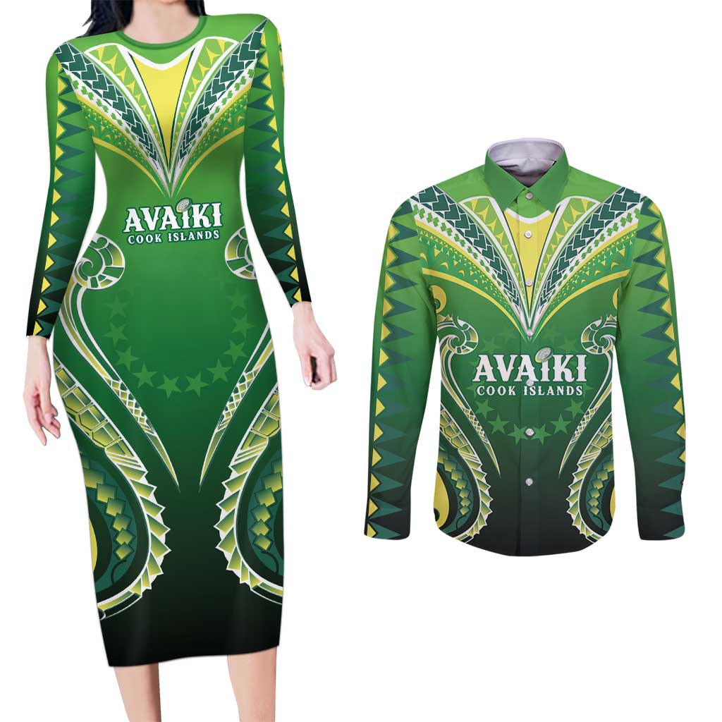 Custom Rugby Cook Islands Avaiki Couples Matching Long Sleeve Bodycon Dress and Long Sleeve Button Shirt Green Kuki Airani Tribal Maori Inspired - Polynesian Pride
