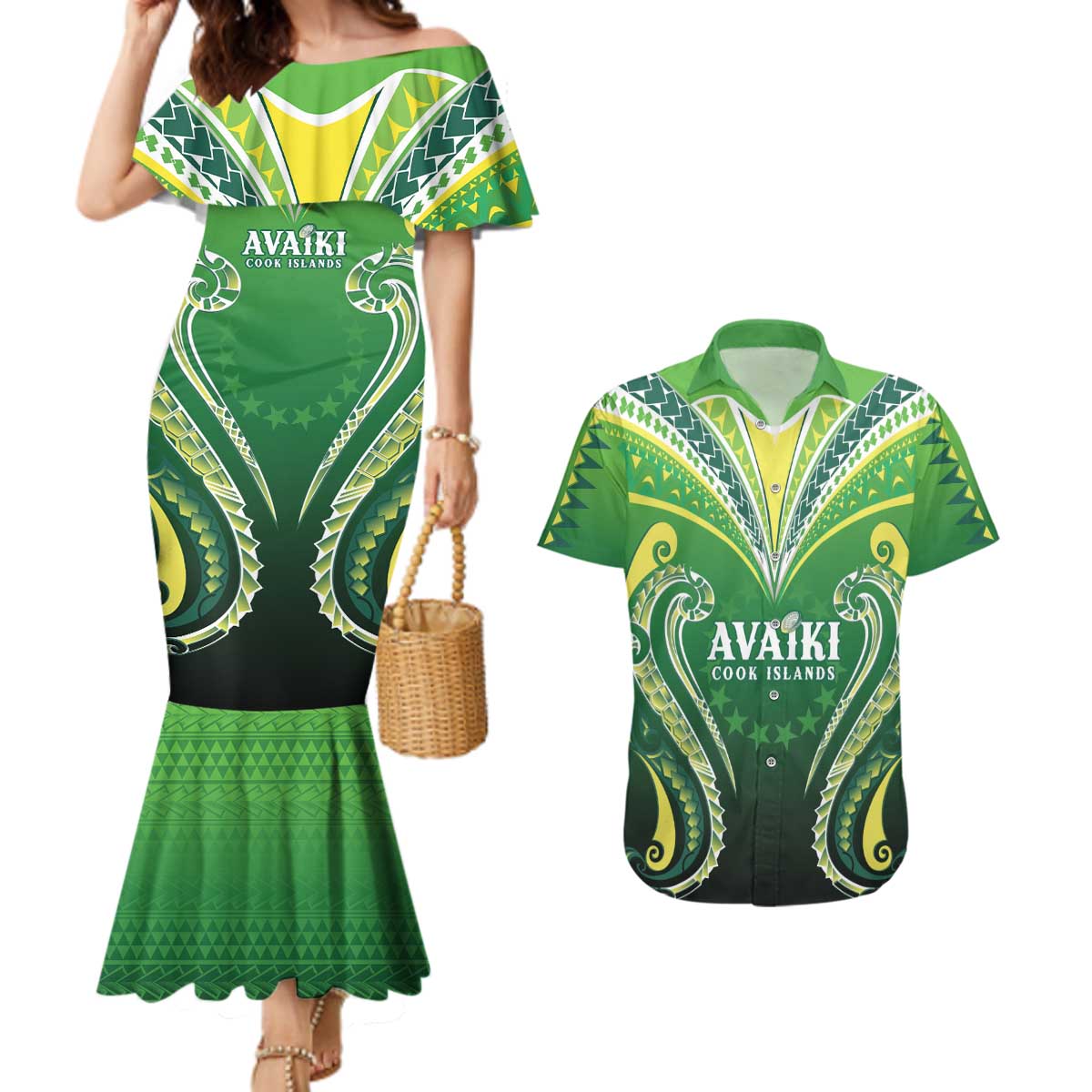 Custom Rugby Cook Islands Avaiki Couples Matching Mermaid Dress and Hawaiian Shirt Green Kuki Airani Tribal Maori Inspired - Polynesian Pride