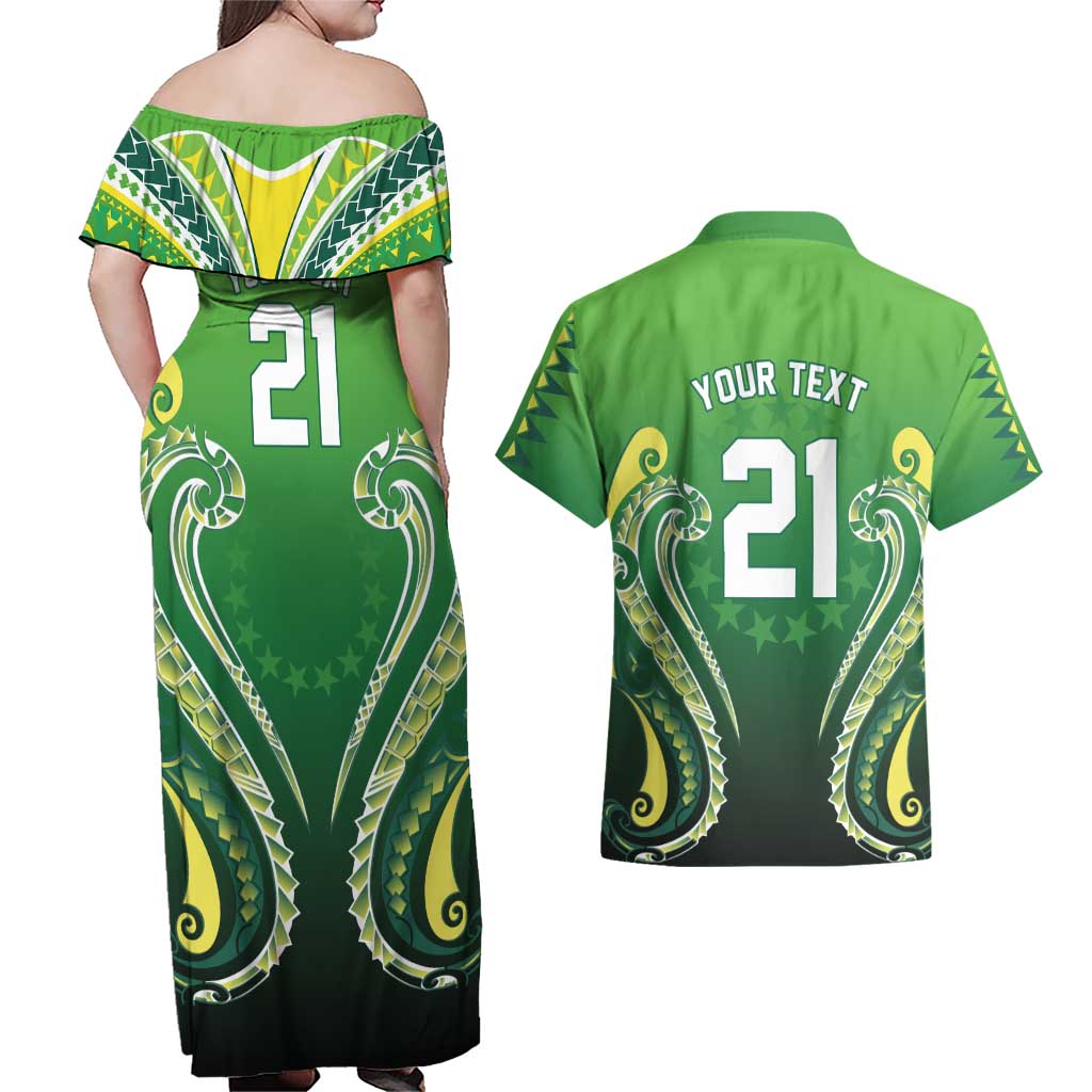 Custom Rugby Cook Islands Avaiki Couples Matching Off Shoulder Maxi Dress and Hawaiian Shirt Green Kuki Airani Tribal Maori Inspired - Polynesian Pride