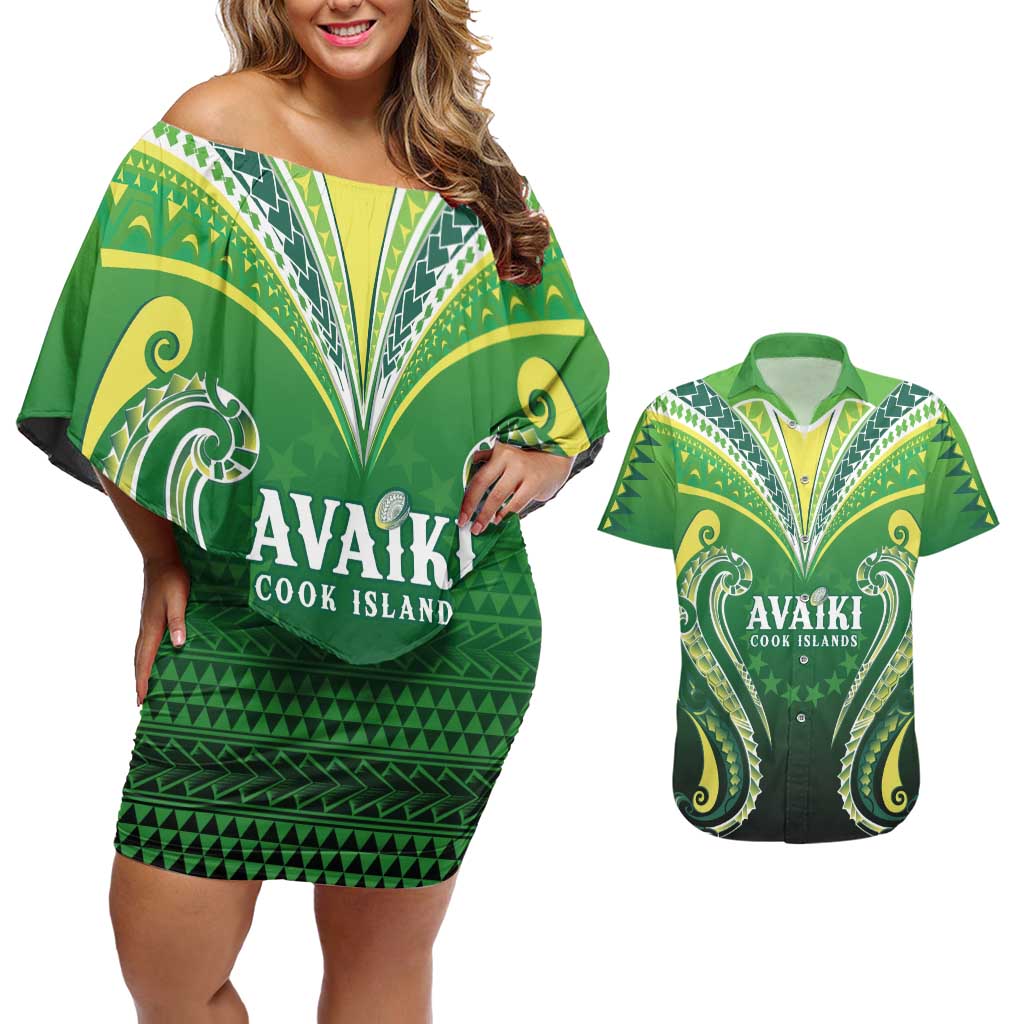 Custom Rugby Cook Islands Avaiki Couples Matching Off Shoulder Short Dress and Hawaiian Shirt Green Kuki Airani Tribal Maori Inspired - Polynesian Pride