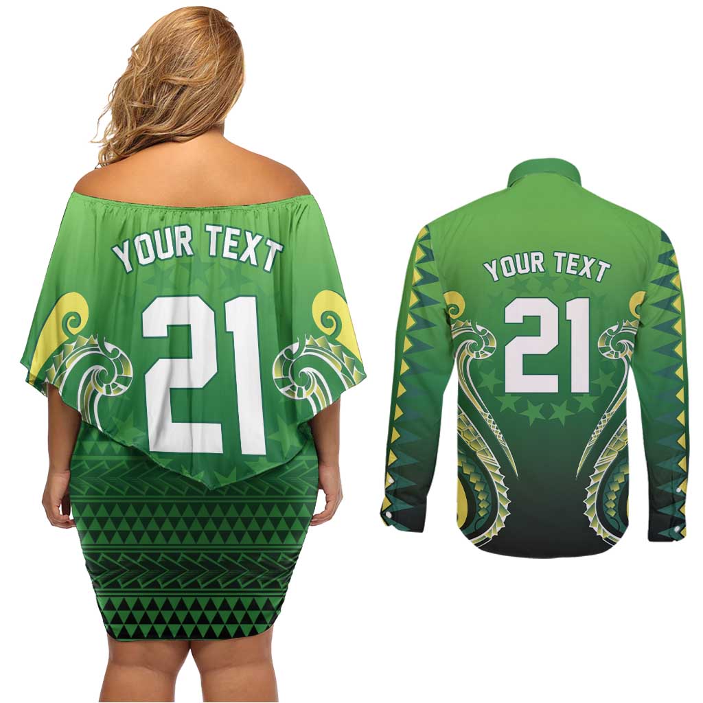 Custom Rugby Cook Islands Avaiki Couples Matching Off Shoulder Short Dress and Long Sleeve Button Shirt Green Kuki Airani Tribal Maori Inspired - Polynesian Pride
