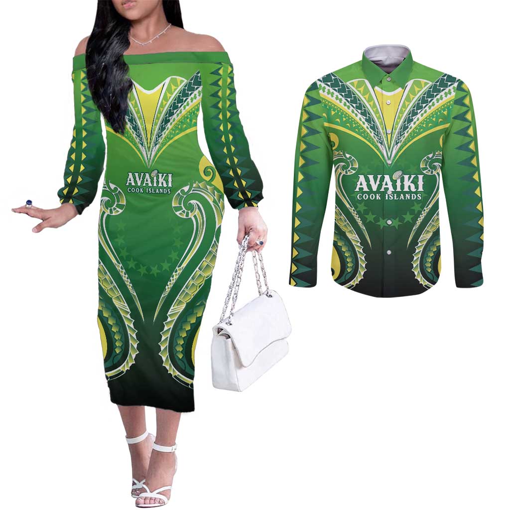 Custom Rugby Cook Islands Avaiki Couples Matching Off The Shoulder Long Sleeve Dress and Long Sleeve Button Shirt Green Kuki Airani Tribal Maori Inspired - Polynesian Pride