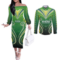 Custom Rugby Cook Islands Avaiki Couples Matching Off The Shoulder Long Sleeve Dress and Long Sleeve Button Shirt Green Kuki Airani Tribal Maori Inspired - Polynesian Pride