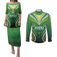 Custom Rugby Cook Islands Avaiki Couples Matching Puletasi and Long Sleeve Button Shirt Green Kuki Airani Tribal Maori Inspired - Polynesian Pride