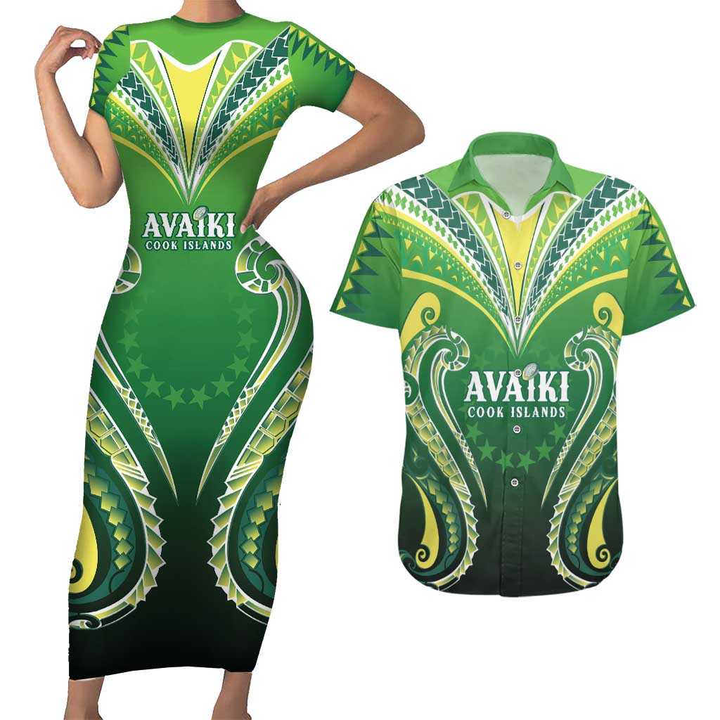 Custom Rugby Cook Islands Avaiki Couples Matching Short Sleeve Bodycon Dress and Hawaiian Shirt Green Kuki Airani Tribal Maori Inspired - Polynesian Pride