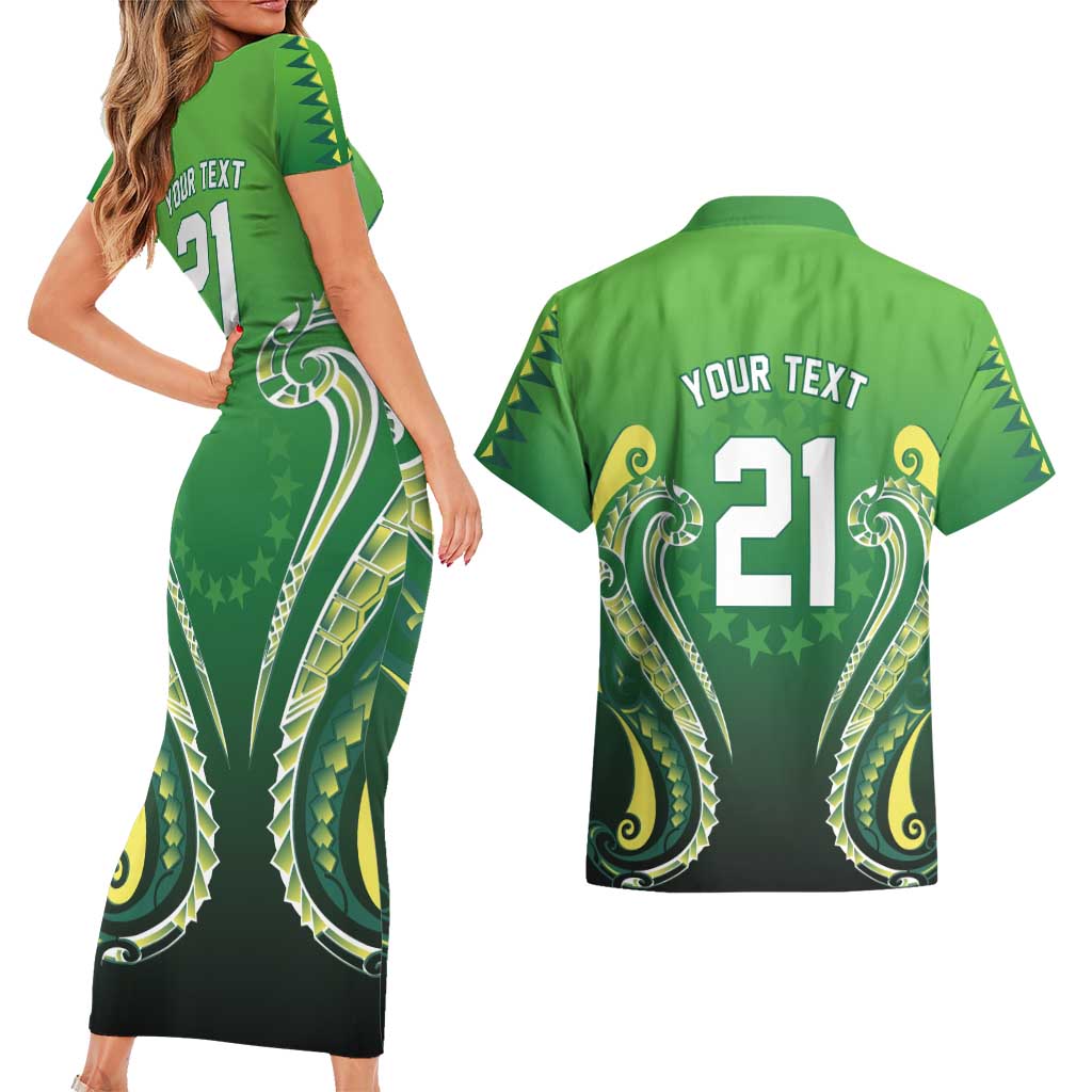Custom Rugby Cook Islands Avaiki Couples Matching Short Sleeve Bodycon Dress and Hawaiian Shirt Green Kuki Airani Tribal Maori Inspired - Polynesian Pride