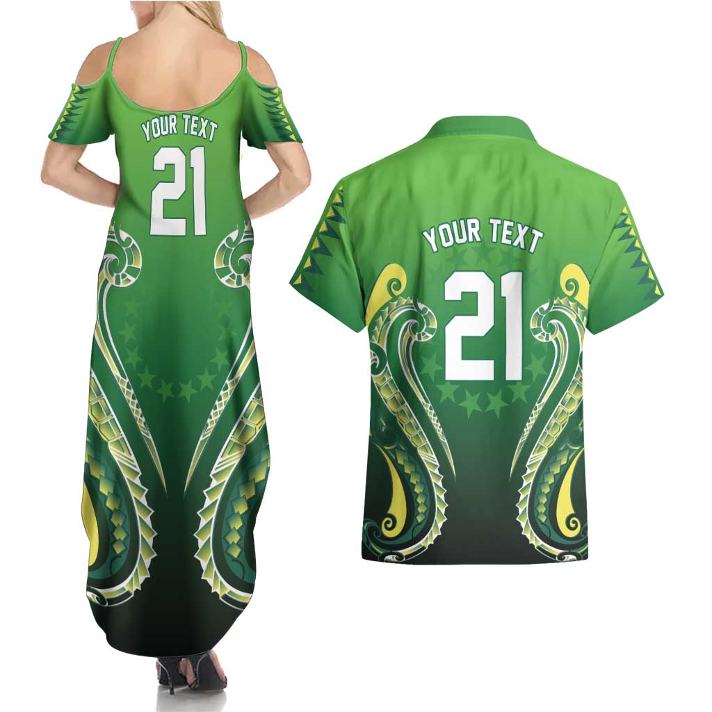 Custom Rugby Cook Islands Avaiki Couples Matching Summer Maxi Dress and Hawaiian Shirt Green Kuki Airani Tribal Maori Inspired - Polynesian Pride
