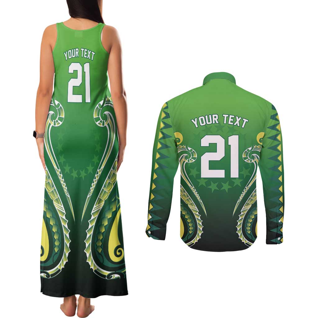 Custom Rugby Cook Islands Avaiki Couples Matching Tank Maxi Dress and Long Sleeve Button Shirt Green Kuki Airani Tribal Maori Inspired - Polynesian Pride