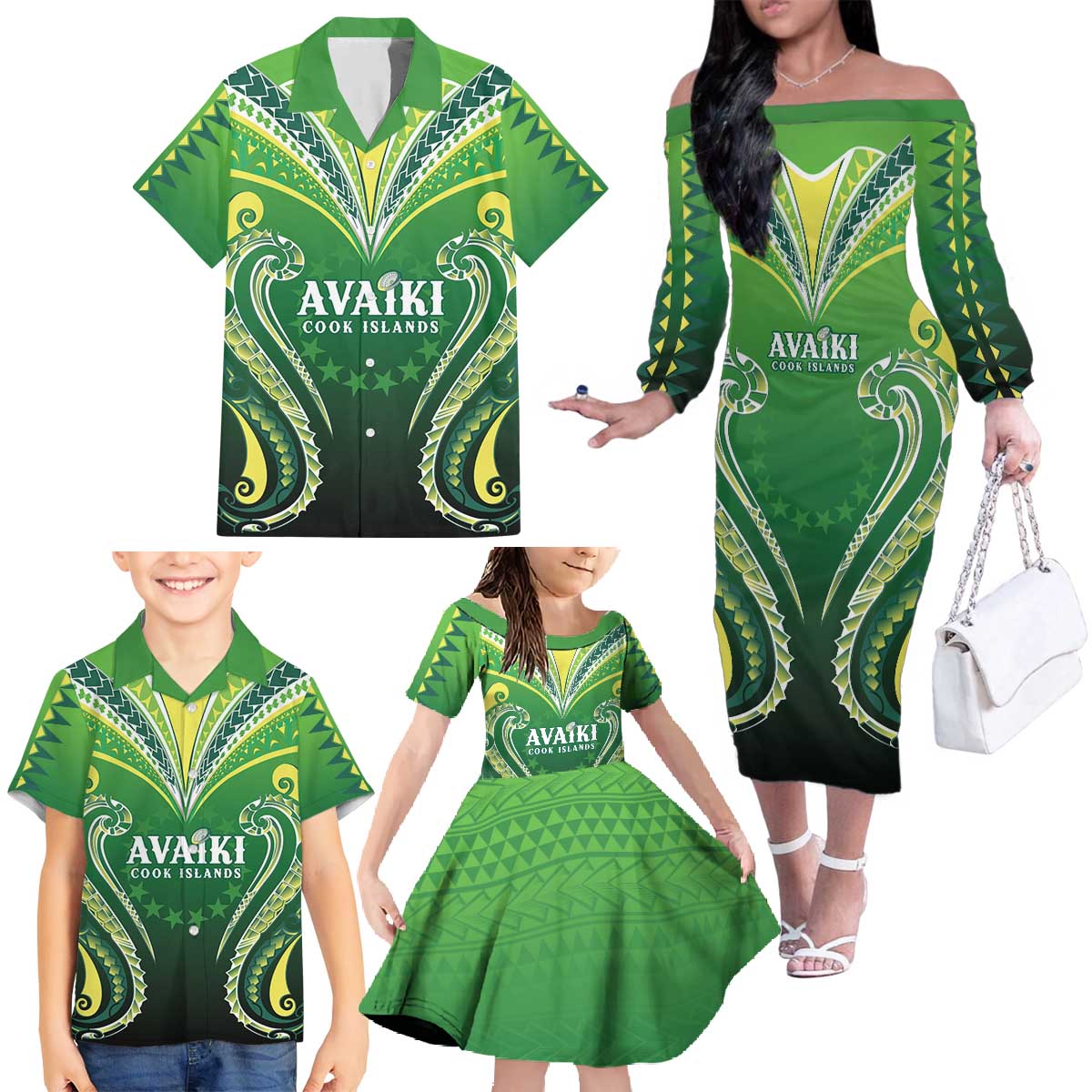 Custom Rugby Cook Islands Avaiki Family Matching Off The Shoulder Long Sleeve Dress and Hawaiian Shirt Green Kuki Airani Tribal Maori Inspired - Polynesian Pride