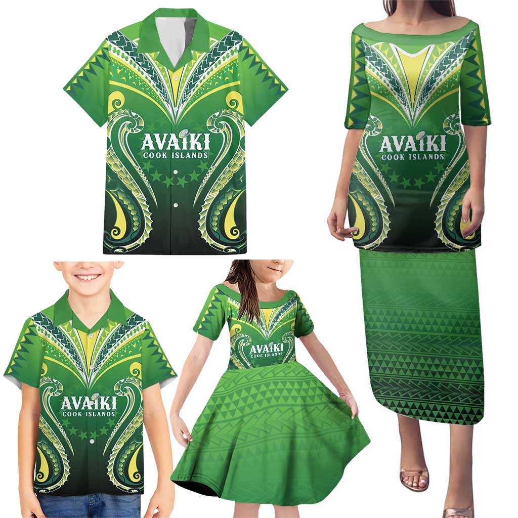 Custom Rugby Cook Islands Avaiki Family Matching Puletasi and Hawaiian Shirt Green Kuki Airani Tribal Maori Inspired - Polynesian Pride