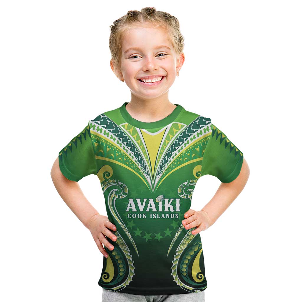Custom Rugby Cook Islands Avaiki Kid T Shirt Green Kuki Airani Tribal Maori Inspired - Polynesian Pride