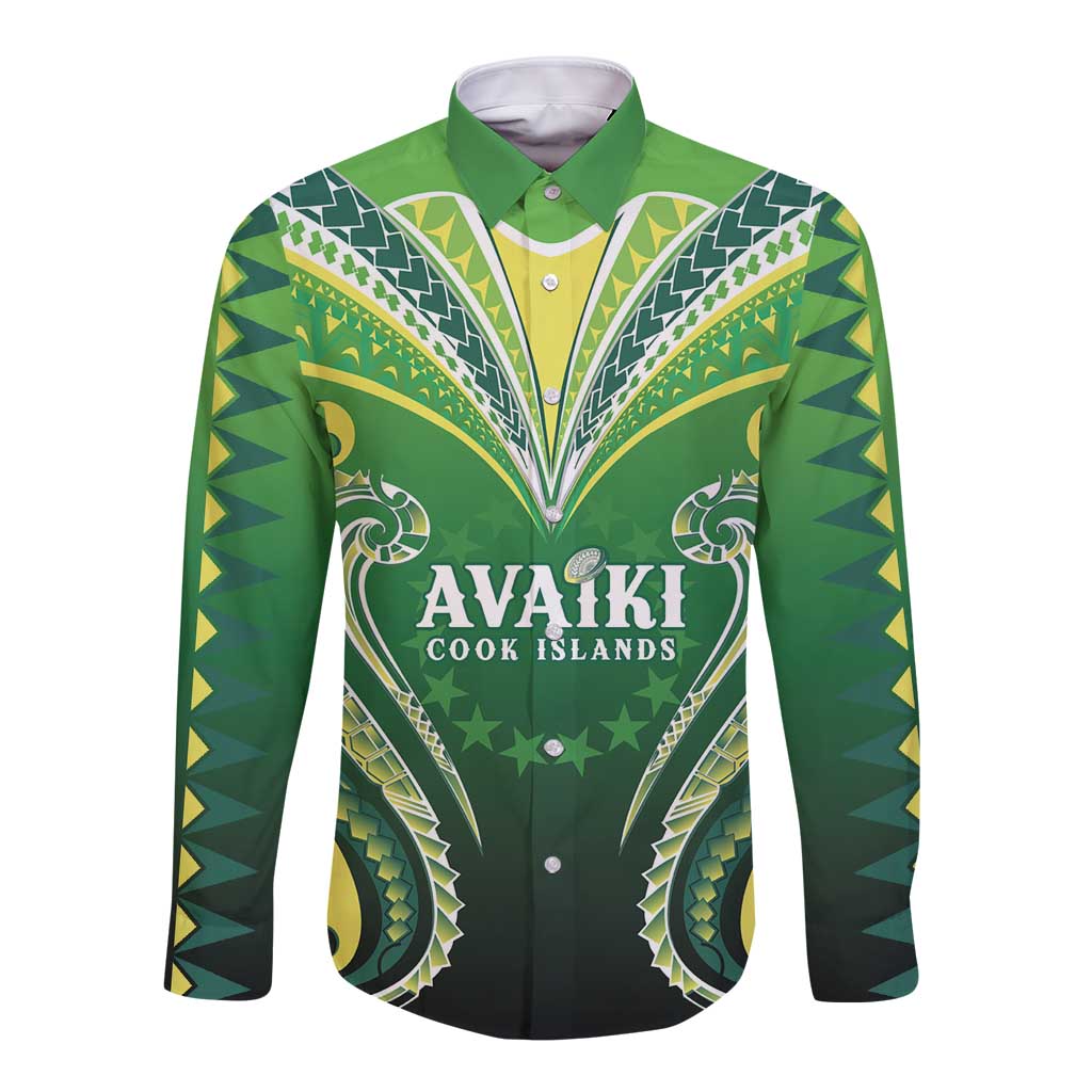 Custom Rugby Cook Islands Avaiki Long Sleeve Button Shirt Green Kuki Airani Tribal Maori Inspired - Polynesian Pride